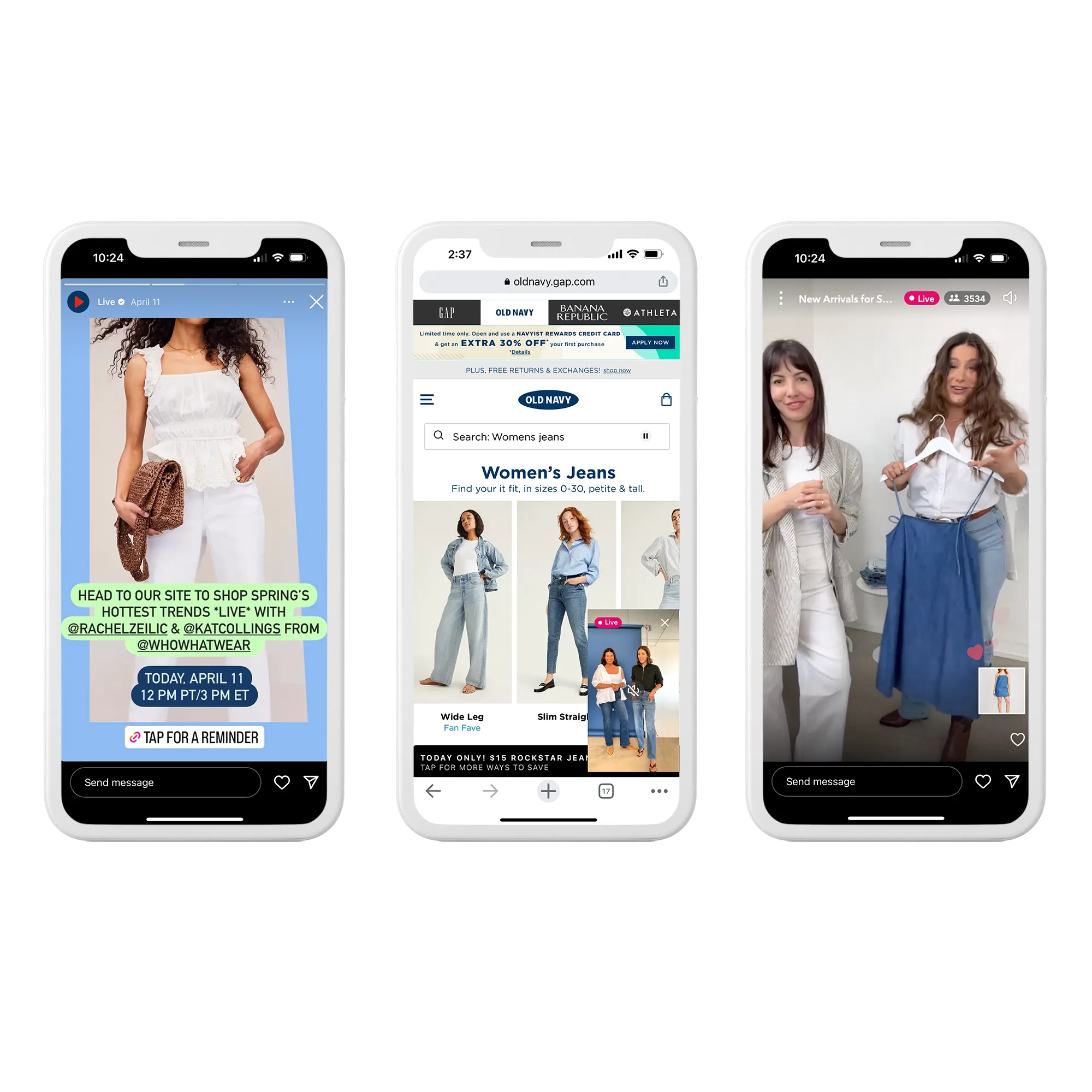 A screenshot collection of social ads, which promoted the recent live-stream shopping event held in partnership with Who What Wear. This image is published as part of PMG's article on the best practices that underpinned Old Navy's Live Shopping event, with this image used to support the importance of media operations and holistic media strategies across channels.