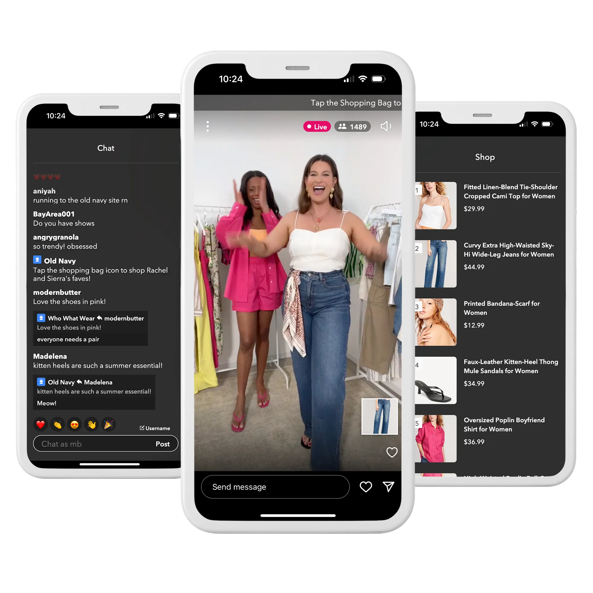 A collection of screenshot images (an image of the comments section of a live stream, an image of the hosts, and an image of the social shopping tab) from Old Navy's recent live-stream shopping event, held in partnership with Who What Wear. This image is published as part of PMG's article on the best practices that underpinned Old Navy's Live Shopping event, with this image used to support the importance of audience engagement and keeping viewers entertained.