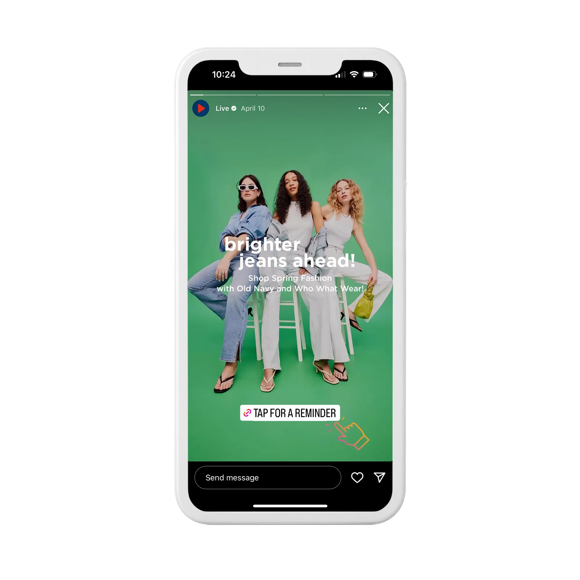 A screenshot image of an Old Navy Instagram social post that promotes the recent live-stream shopping event, held in partnership with Who What Wear. This image is published as part of PMG's article on the best practices that underpinned Old Navy's Live Shopping event, with this image used to support the importance of media strategies that promote intentional promotions and discounts.