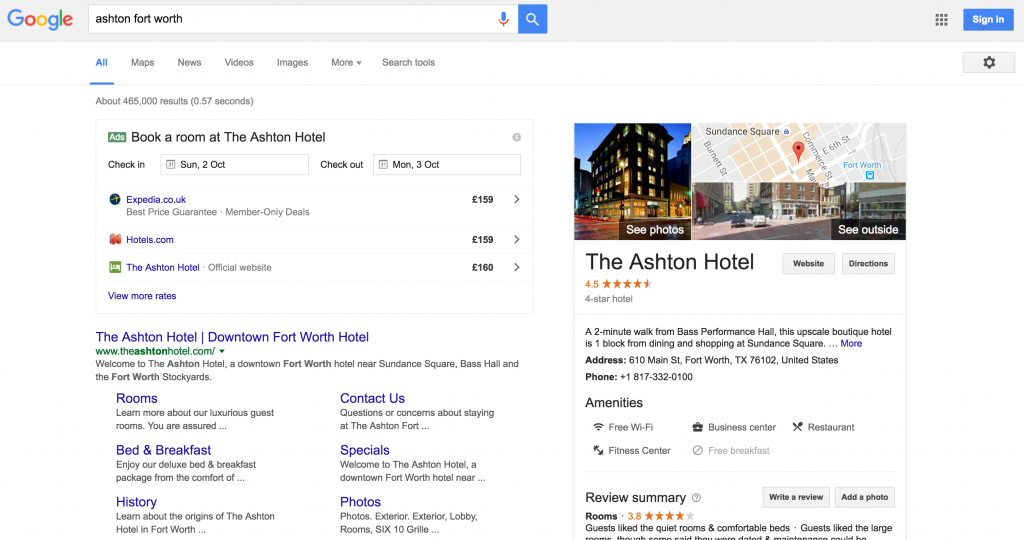 Google Hotel Ads (HA) above organic listings