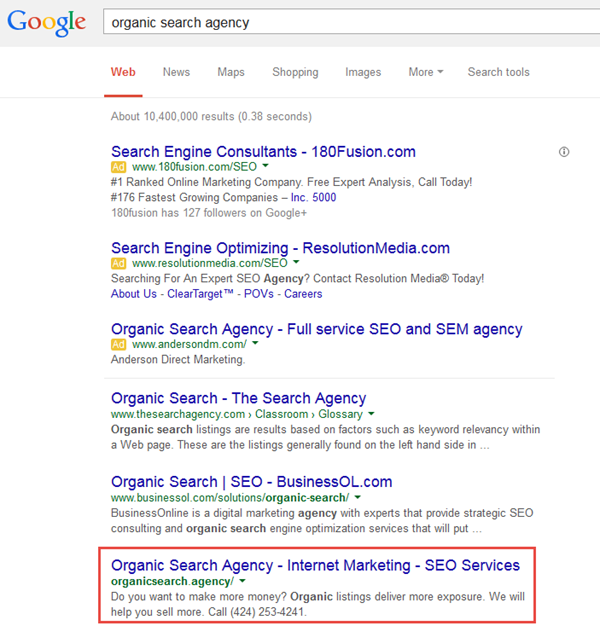 OrganicSearch.agency - a .agency gTLD ranking in the top 3